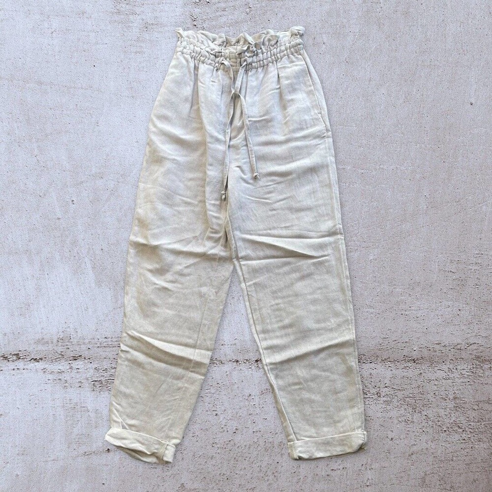 H&M Beige Linen Blend Lounge Summer High Waisted Drawstring Trousers Size XS